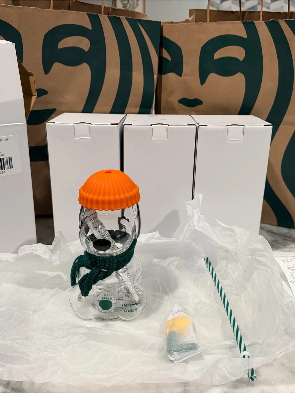 Starbucks Clear Bear-Shaped Drink Bottle with Orange Lid and Green Straw
